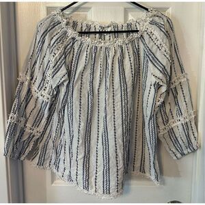 THML ￼Anthropology Off Shoulder Boho Blouse Lace Details Quarter Sleeve Blue Sma
